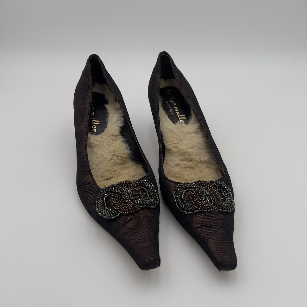 Bettye Muller‎ Italy Beaded Pointed Toe Flats Fur Lined Brown Bronze